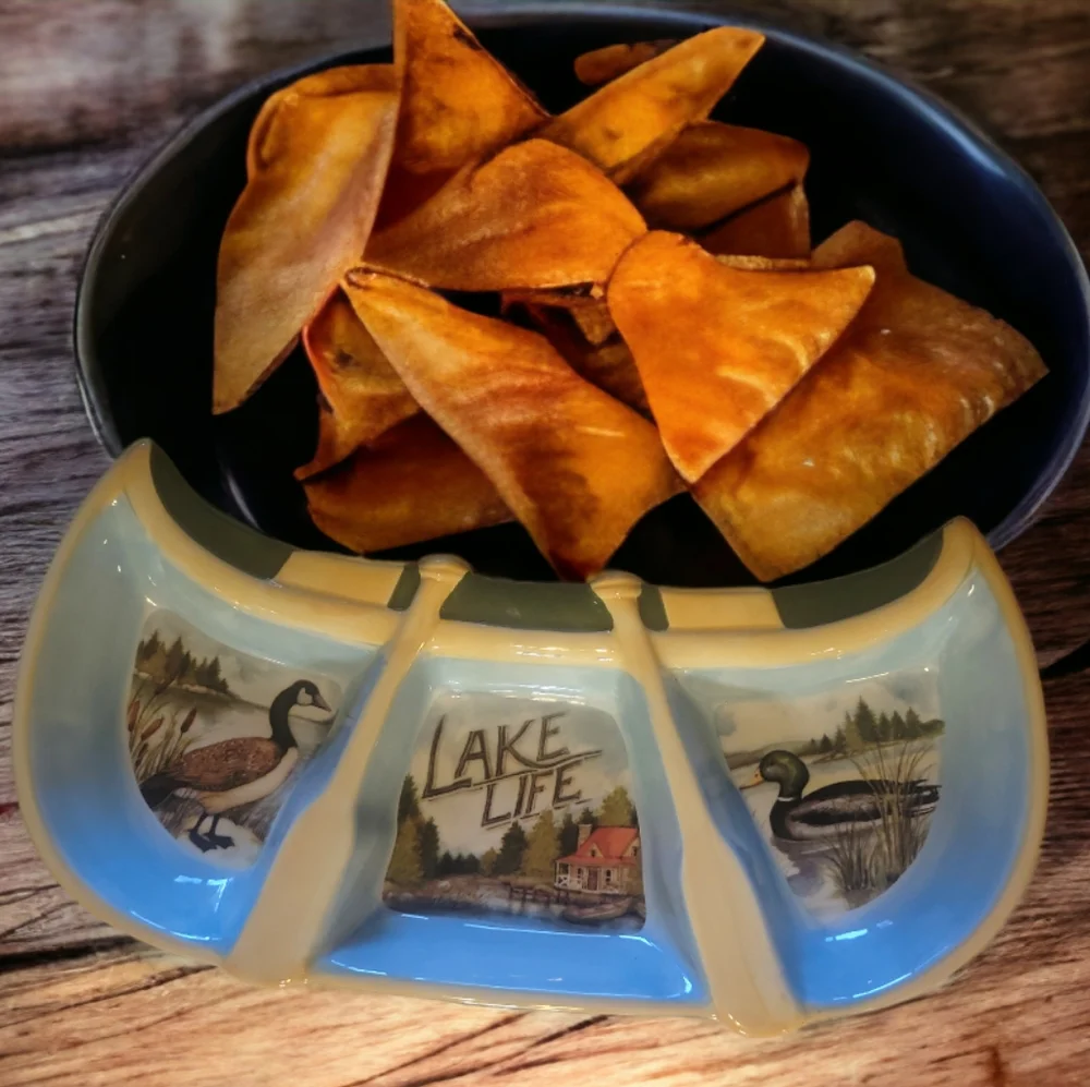 Vtg Lake Life Susan Winget Canoe Shape Relish Dip Hors d'oeuvre Sectioned Bowl